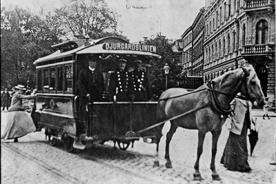 Конный трамвай (линия/маршрут Djurgårdslinjen) близ Berzelii park, ок. 1900 г.
